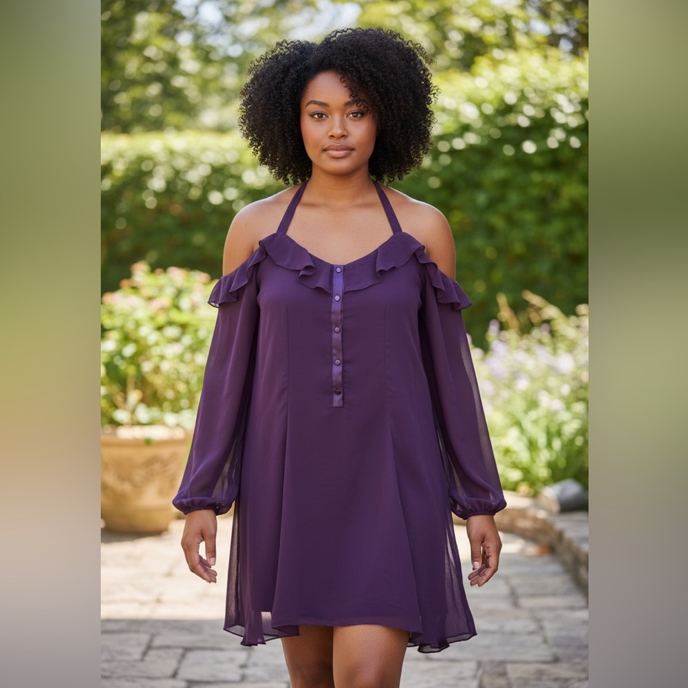 Purple Ruffled Long Sleeve Cold Shoulder Dress
